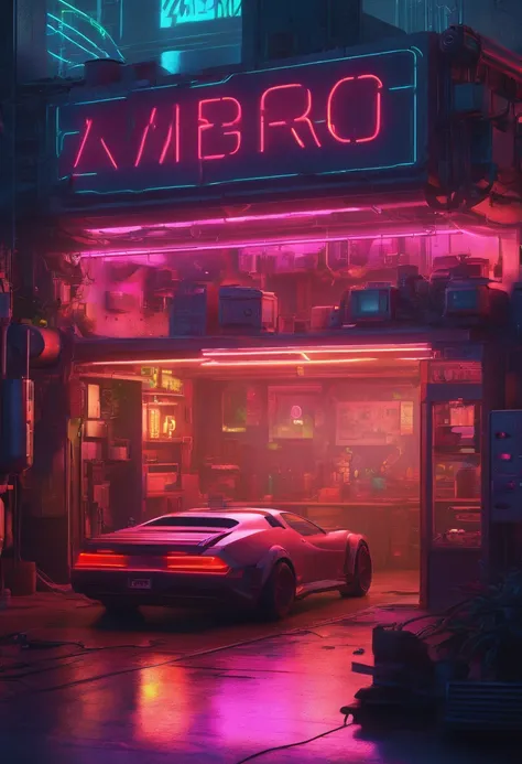 Futuristic city with neon lights and cars in a garage, cyberpunk garage on jupiter, Ambiente cyberpunk, Escenario ciberpunk futurista, Estilo de arte cyberpunk, aesthetic cyberpunk, cyberpunk themed art, vibraciones cyberpunk, cyberpunk setting, Ambiente c...