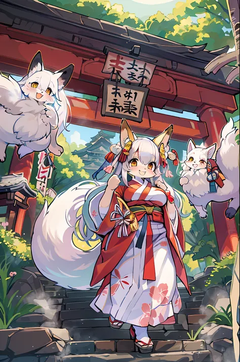 Fox Woman、body covered with fur、huge-breasted、kawaii、shrine maiden、Japan white clothes,Red Hakama、torii gate,summer day、From below、Wide Shot、A big smile、bbw、thick thight、big butts、Ultramammy,Chibi,Nanachi