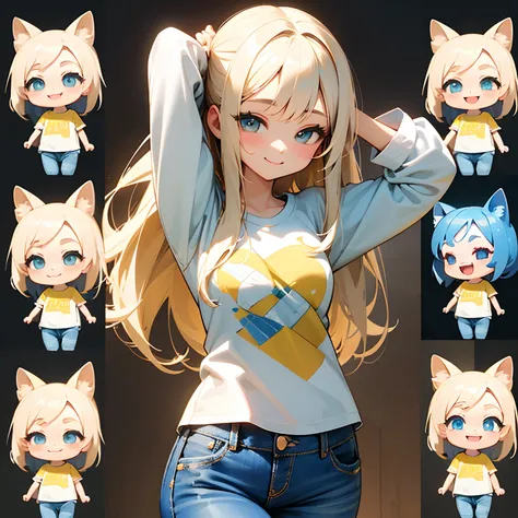 Cute Girl 3D Cartoon、Cute Chibi Girl、The background is all white、10K,intricate detailes, full bodyesbian,Yellow T-shirt、Jeans long pants、Smiling expression --auto --s2