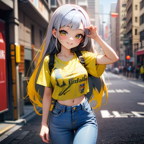 Cute Girl 3D Cartoon、Cute Chibi Girl、The background is all white、10K,intricate detailes, full bodyesbian,Yellow T-shirt、Jeans long pants、Smiling expression --auto --s2