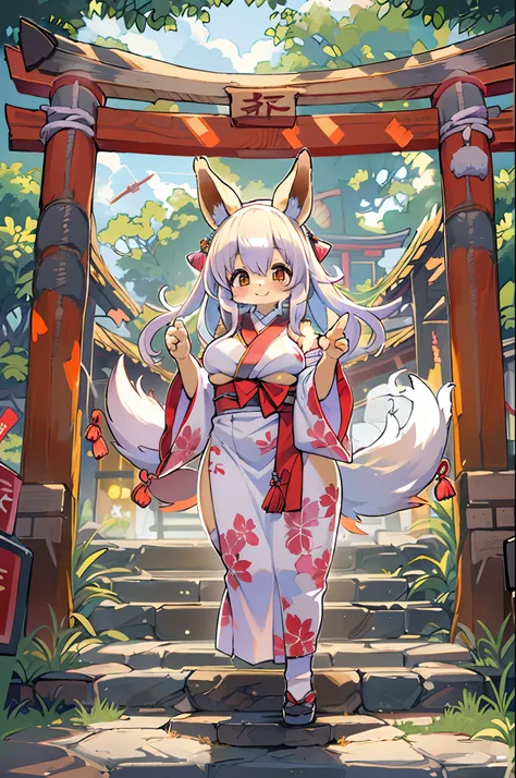 Fox Woman、body covered with fur、huge-breasted、kawaii、shrine maiden、Japan white clothes,Red Hakama、torii gate,summer day、From the top、Write、A big smile、bbw、thick thight、big butts、Ultramammy,Chibi,Nanachi