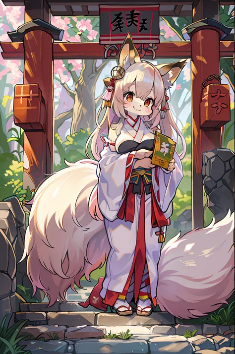 Fox Woman、body covered with fur、huge-breasted、kawaii、shrine maiden、Japan white clothes,Red Hakama、torii gate,summer day、From the top、Write、A big smile、bbw、thick thight、big butts、Ultramammy,Chibi,Nanachi