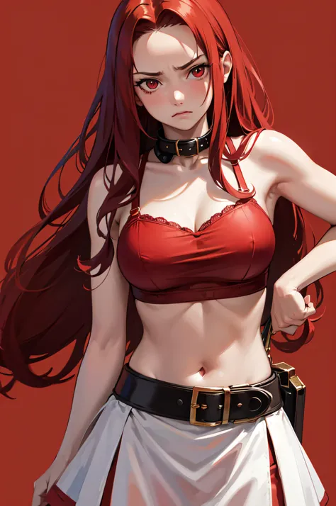 Masterpiece, Best Quality, highres, 1Girl, Solo, red hair, long wavy hair, red Eyes, Upper body only, stonewall background, red brassiere, red underwear, slave collar, mad face, forehead