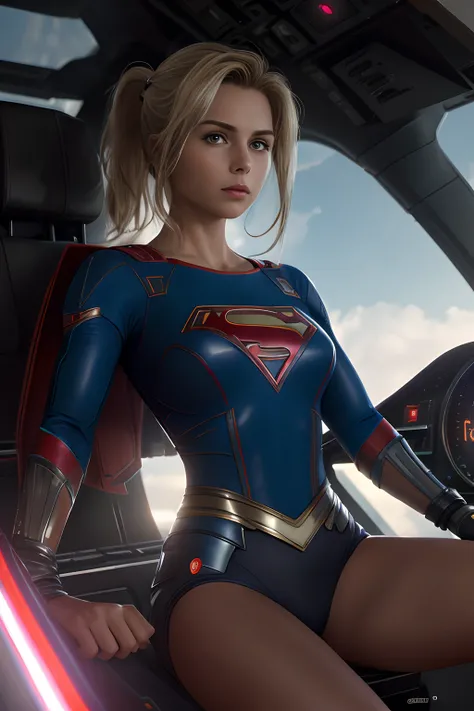 (Extremely detailed 8k wallpaper), supergirl sitting tied in a futuristic fighter jet cockpit, red and blue futuristic fighter jet cockpit, sitting in black leather pilot seat, sitting in leather seat in cockpit, futuristic fighter jet cockpit:1.3, supergi...