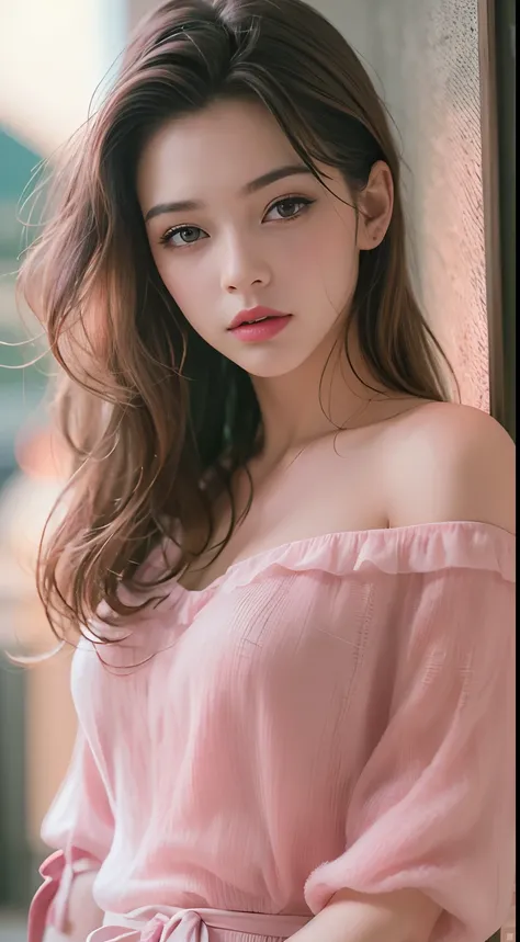 Best Quality, Masterpiece, Ultra High Resolution, (Realisticity: 1.4), Original Photo, 1girl, Pink Off-the-Shoulder, Cinematic Lighting