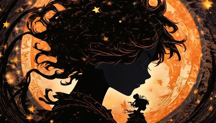 (Silhouette Art,cutouts:1.6)
(((Paper cutting art,A world where only black exists:1.3)

(Cowboy Shot),1 girl,Solo,
(Girl in dress,profile:1.2),white, Clear and beautiful face,Countless meteors、The Moon Behind、

Romper
(Dark Moon)
Textured glass background,...