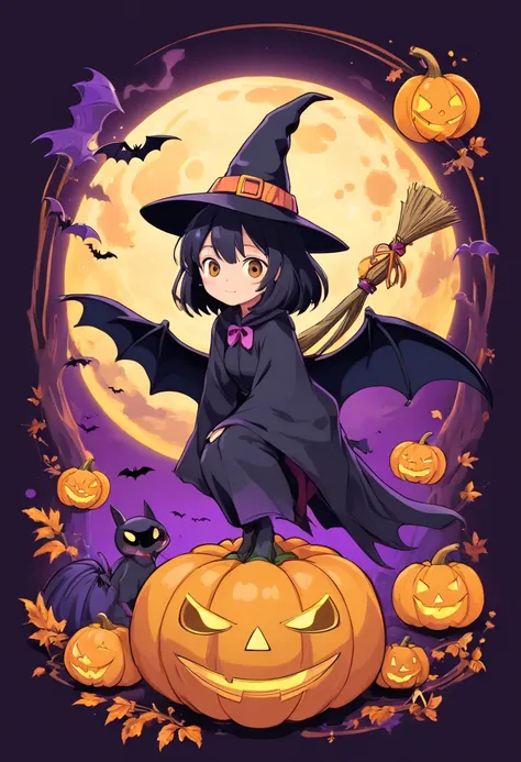 Halloween Elements, Digital Art: Black bat, Spooky pumpkin ghost, Spooky Moon, Ghost Broom, Purple Line Witch Talking Hat, Spider with yellow and black stripes, Witchs Castle, Magic black background, Minimalistic images with exclusive sticker illustrations...