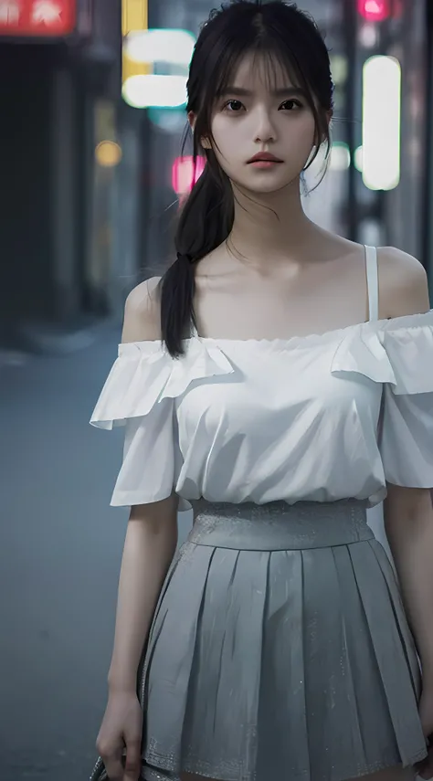 top-quality、超A high resolution、(Photorealsitic:1.4)、1 rapariga、Off-shoulder white shirt、Black tight skirt、Black choker、(faded ash-gray hair:1)、(huge-breasted:1.2)、looking at viewert、closeup cleavage、Have on the street, natta, Neon light,