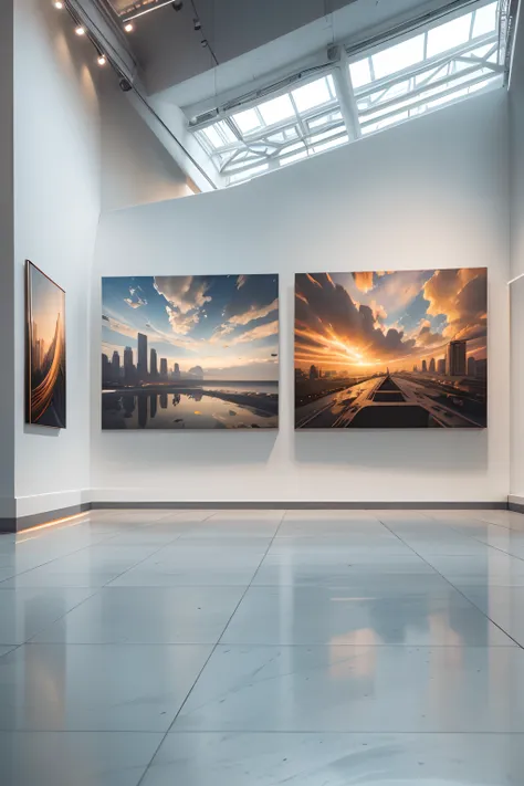 Art exhibitions，There is a wall in the middle of the exhibition hall,The painting on the wall is in the middle, Paintings on the walls, skyscape, Large airy windows, Zaha Hadid and Santiago Calatrava landscape panoramic style, Fish, Clear light, Edge light...