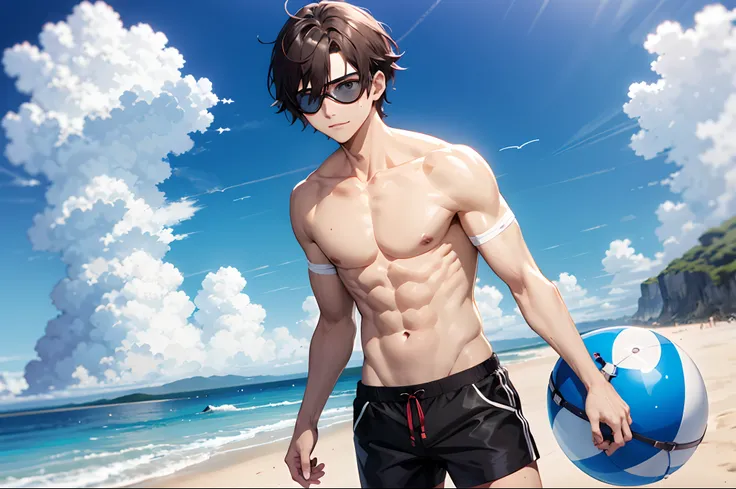 Garoto 18 anos, estilo anime, na praia, sky with clouds, bermuda vermelha, wearing goggles, sem camisa,