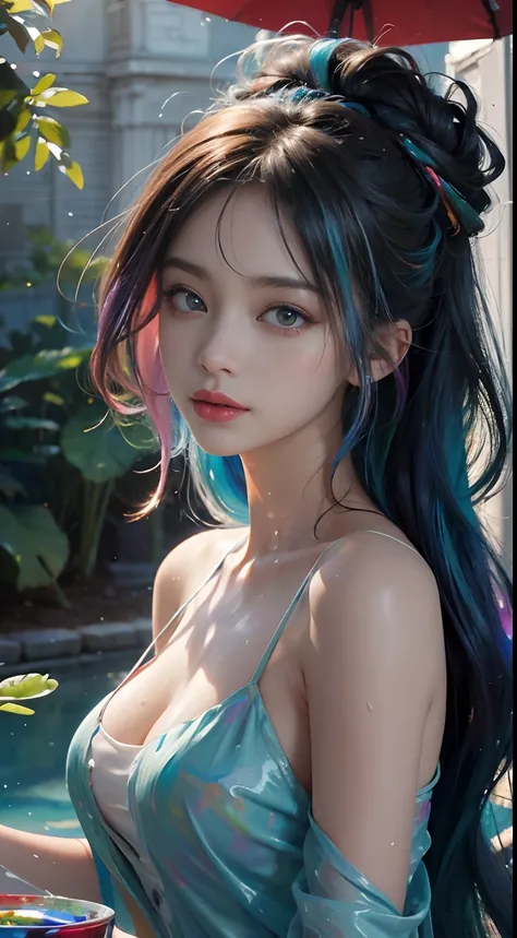 (level difference: 1.8),(Paint colliding and splashing on canvas),(Depth of field),adorable creature,elegant, strong between boho and modern. With many colors and no defined (liquid paint rainbow hair:1.1) Made of paint，anti gravity, Thick flow, (Splashes ...