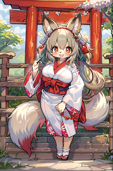 Fox Woman、body covered with fur、huge-breasted、kawaii、shrine maiden、Japan white clothes,Red Hakama、torii gate,summer day、look down from above、((Write))、A big smile、bbw、thick thight、big butts、Ultramammy,Chibi,Nanachi