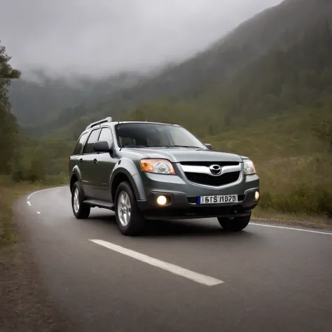 car layout; model Mazda Tribute 2003, gray; realistic photo; "detailed photo"; best quality,4K,8K,high resolution, masterpiece, ultra-detailed, detailed ribbed bumper, raindrops on the windshield, vivid colors, studio lighting.