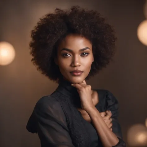 beautiful dark light skin woman with an afro hair style, Out-front photo of Influencer looking at the camera with both hands crossed and folded in front of her.