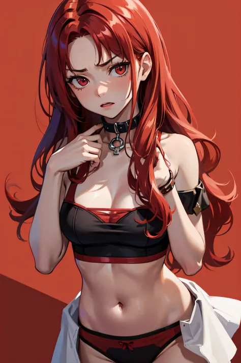 Masterpiece, Best Quality, highres, 1Girl, Solo, red hair, long wavy hair, red Eyes, Upper body only, stonewall background, no shirts, no pants, red brassiere, red underwear, slave collar, mad face, forehead, hands tied