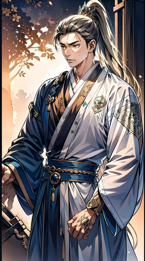 quadratic element，style of anime，mtu（Male Warrior），The proportions are correct，Face details，swordsmen，High ponytail hairstyle，Neck details，There is an Adams apple，Black Hanfu，kaftan，Embroidered robes，Black robe，clothes details，Handing over，longer sleeves，G...