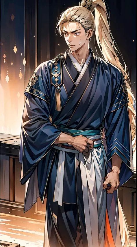 quadratic element，style of anime，mtu（Male Warrior），The proportions are correct，Face details，swordsmen，High ponytail hairstyle，Neck details，There is an Adams apple，Black Hanfu，kaftan，Embroidered robes，Black robe，clothes details，Handing over，longer sleeves，G...