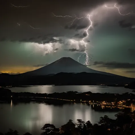 Master Parts、Superior Quality、superior image quality、The 8k quality、Beautiful pictures of the starry sky、magnifica、(Mt fuji:1.25)、dramatic cloud:1.5、(Numerous lightning strikes over Mt. Fuji:1.9)