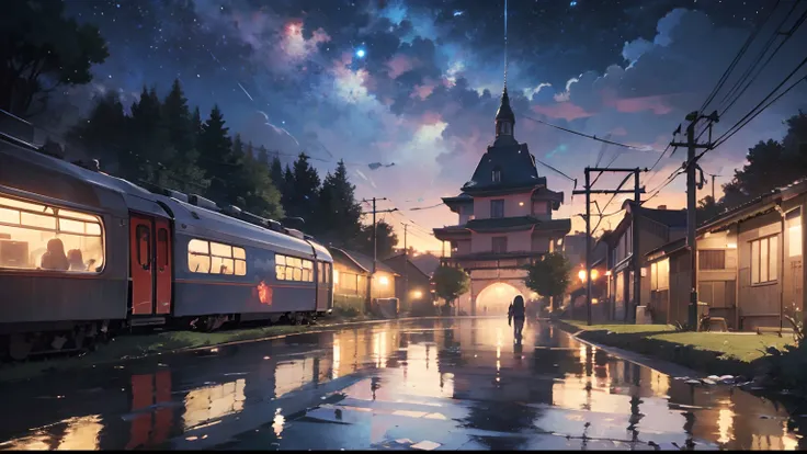 High-quality masterpieces、Landscapes、Anime train passing through a body of water on the tracks、Bright starry sky。Break Romantic Train、Pisif、concept-art、Laffy art style、Reflection。Lofi art, beautiful anime scenes, BREAK anime scenery, Detailed landscape — w...