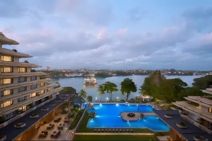 arafed view of a pool and a boat in a body of water, award-winning masterpiece, lake view, paradise in the background, full - view, majestic masterpiece, bird eye view, amazing view, sri lanka, acclaimed masterpiece, cool looking, stunning view, majestic v...