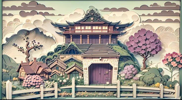 Paper Cuttings style：bridge, Building, Bush, City, Cloud, day, Door, fence, Field,orest, sonoko, Grass, house, hydrangea, Mountain, Nature, No_Humanity, Outdoors, paths, plant, potted_plant, purple_flower, Road, scenery, sky, skyscraper, traditional_Medium...