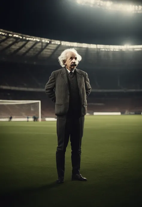 ((Full Body)), ((Masterpiece)), ((Albert Einstein)), ((soccer player outfit)), ((inside the stadium)), full length photo, looking forward, hands pointing forward, picture type cinematic, full HD size