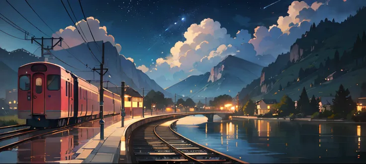 High quality masterpiece, landscape, anime train passing through bodies of water on tracks, bright starry sky. Romantic train, pixiv, concept art, lofi art style, reflection. by Makoto Shinkai, lofi art, Beautiful anime scene, Anime landscape, detailed sce...