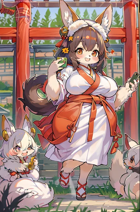 Fox Woman、body covered with fur、huge-breasted、kawaii、shrine maiden、Japan white clothes,Red Hakama、torii gate,summer day、high position、((Selfie))、A big smile、bbw、thick thight、big butts、Ultramammy,Chibi,Nanachi