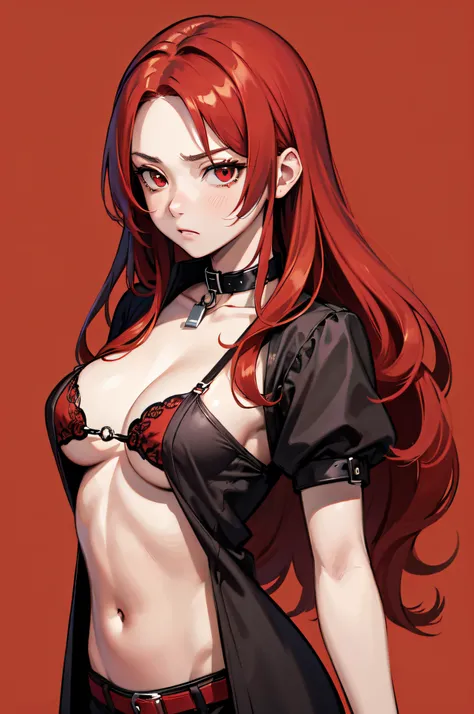 Masterpiece, Best Quality, highres, 1Girl, Solo, red hair, long wavy hair, red Eyes, Upper body only, stonewall background, no shirts, no pants, red brassiere, red underwear, large slave collar, mad face, forehead, handcuffs, hands tied