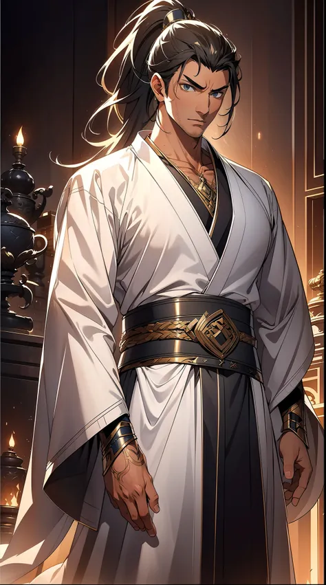 quadratic element，style of anime，mtu（Male Warrior），The proportions are correct，Face details，swordsmen，High ponytail hairstyle，Neck details，There is an Adams apple，White robe，kaftan，long white robe，clothes details，Handing over，longer sleeves，Game quality，Sw...