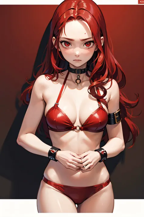 Masterpiece, Best Quality, highres, 1Girl, Solo, red hair, long wavy hair, red Eyes, Upper body only, stonewall background, no shirts, no pants, red brassiere, red underwear, large slave collar, leash, mad face, forehead, handcuffs, hands tied