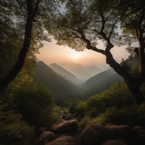 Magnificent view，zori，Foggy vision，Alpine forest landscape photography，Pale sunrise, Majestic mountain，Rugged mountain roads，（Boulders），precipice，Clear and transparent water，Broad field of view，Minimalist，Black-white-cyan-yellow tones，giant tree，bushes，fal...