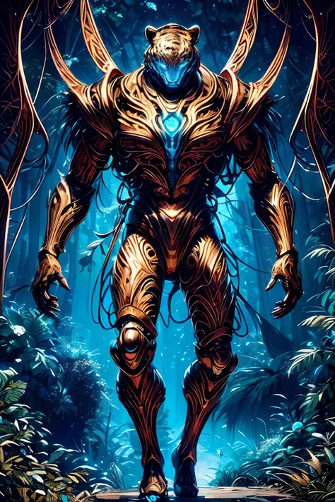 a photograph of a full body mechanical tiger in copper and blue glowing eyes, perched on a tree in the jungle at night, art by Ridley Scott, ultra highly detailed, cinematic, 32k, intricated, high quality,  complex patterns, rust,