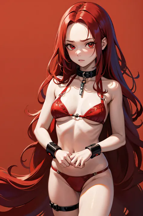 Masterpiece, Best Quality, highres, 1Girl, Solo, red hair, long wavy hair, red Eyes, Upper body only, stonewall background, no shirts, no pants, red brassiere, red underwear, large slave collar, leash, mad face, forehead, handcuffs, hands tied