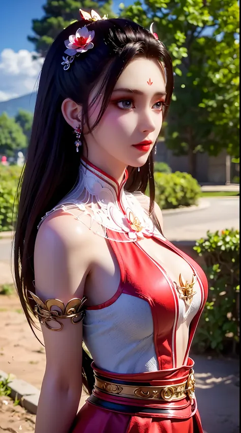 "1 beautiful girl wearing traditional costume, long thin red and white silk dress meticulously sewn, low-cut shirt, low slit, long black hair and bangs, most detailed and beautiful hair jewelry, mold most beautiful and flawless face, ((black eye pupils:0.8...