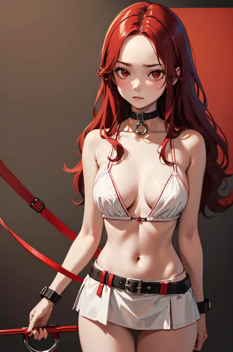 Masterpiece, Best Quality, highres, 1Girl, Solo, red hair, long wavy hair, red Eyes, Upper body only, stonewall background, no shirts, no pants, red brassiere, red underwear, large slave collar, leash, mad face, forehead, handcuffs, hands tied