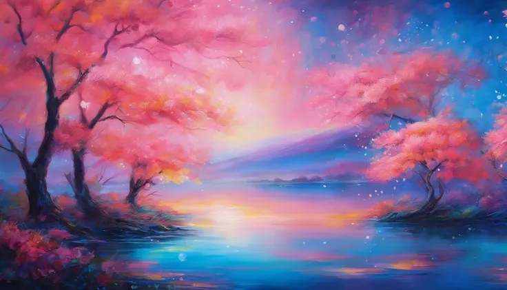 horizon ,peach flower rain, fire painting,transparent blue lake，pink coral,extra-wide vision,best quality,official art