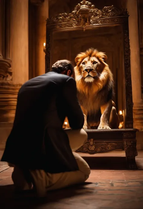 A man kneels in prayer before a mirror. The mirror reflects a majestic lion standing behind him. The mans expression reveals a mix of awe and bravery as he confronts this astonishing sight