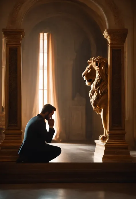 A man kneels in prayer before a mirror. The mirror reflects a majestic lion standing behind him. The mans expression reveals a mix of awe and bravery as he confronts this astonishing sight