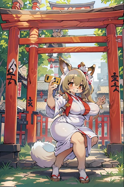 Fox Woman、body covered with fur、huge-breasted、kawaii、shrine maiden、Japan white clothes,Red Hakama、torii gate,summer day、((High Position))、((Selfie))、A big smile、bbw、thick thight、big butts、Ultramammy,Chibi,Nanachi