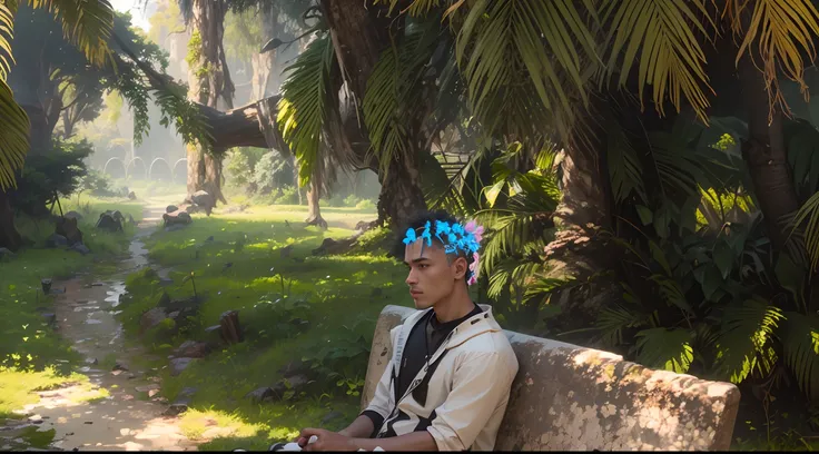 change the background to a future world and change tha chair structure into a different level change his shoes theme like cyberpunk with Sakura blossom beige theme and change the beauty of the tree behind him realistic face 8k ultra realistic