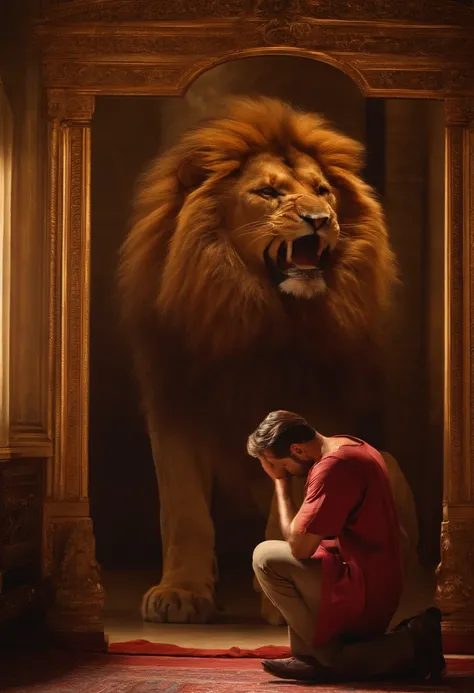 A man kneels in prayer before a mirror. The mirror reflects a majestic lion behind him. The mans expression reveals a mixture of admiration and bravery as he confronts this startling sight