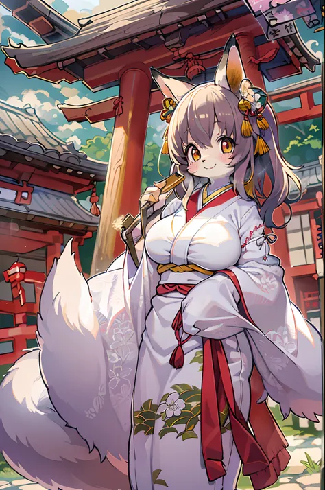 Fox Woman、body covered with fur、huge-breasted、kawaii、shrine maiden、Japan white clothes,Red Hakama、torii gate,summer day、((High Position))、((Selfie))、A big smile、bbw、thick thight、big butts、Ultramammy,Chibi,Nanachi