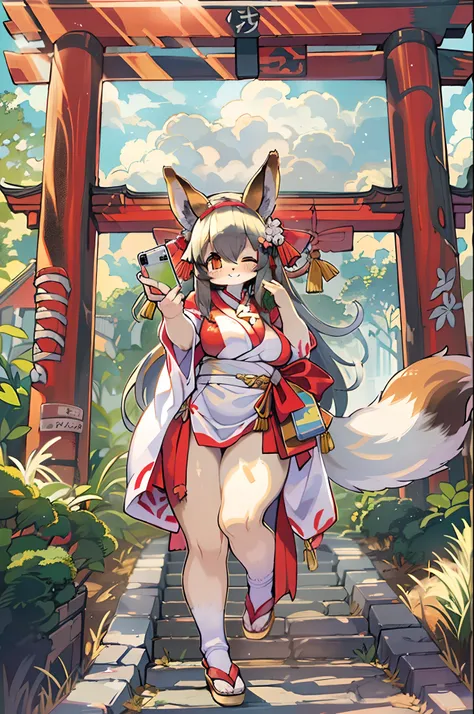 Fox Woman、body covered with fur、huge-breasted、kawaii、shrine maiden、Japan white clothes,Red Hakama、torii gate,summer day、((High Position))、((Selfie))、A big smile、bbw、thick thight、big butts、Ultramammy,Chibi,Nanachi