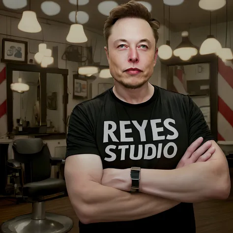 Generates a digital image of Elon Musk in a confident pose, with his arms crossed, wearing a black t-shirt with the inscription “REYES STUDIO” on the chest. The background of the scene must represent an authentic barbershop, with characteristic elements su...