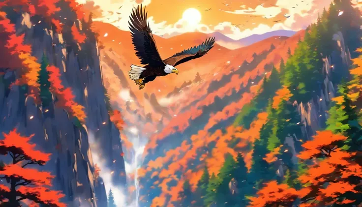 A painting of eagles flying through the mountains and forest