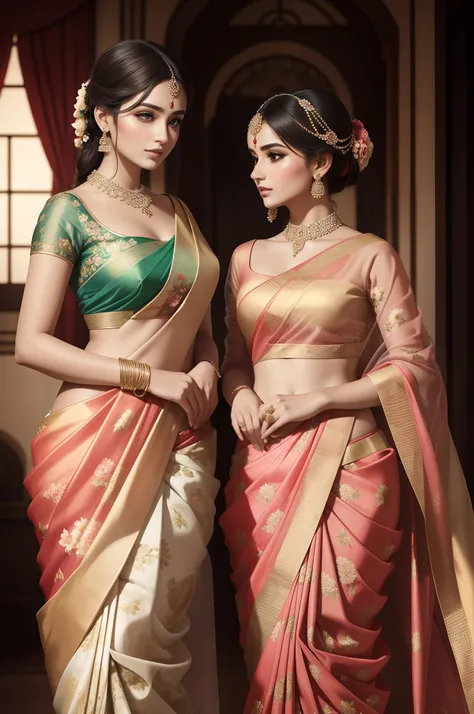 Portrait of two stunning women in a floral organza saree, radiating elegance and sophistication. Her graceful presence showcases the timeless beauty of floral prints.