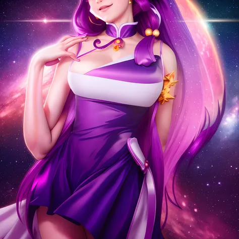 Magical Girl, 8K, photo shot from front, highly-detailed, girl with arms outstretched, serene expression, long purple hair styled in twin tails, cleavage, [Madoka Kaname|Sailor Moon], in a colorful and glittering sky filled with stars and planets.