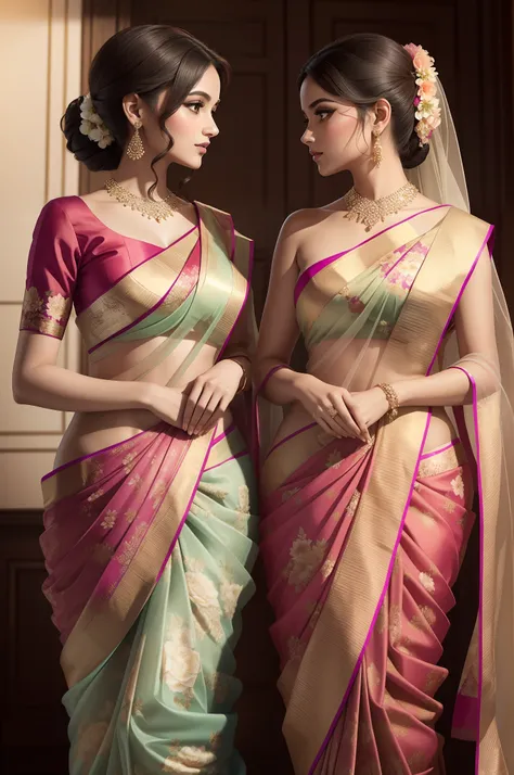 Portrait of two stunning women in a floral organza saree, radiating elegance and sophistication. Her graceful presence showcases the timeless beauty of floral prints.