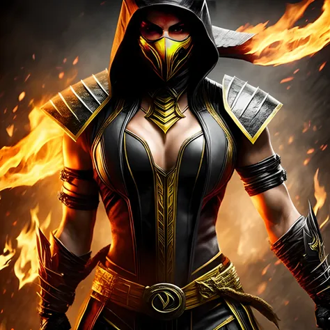 Mortal Kombat female fighter scorpion. In female ninja outfit. Chest showing ready to fight With fire in her hands.